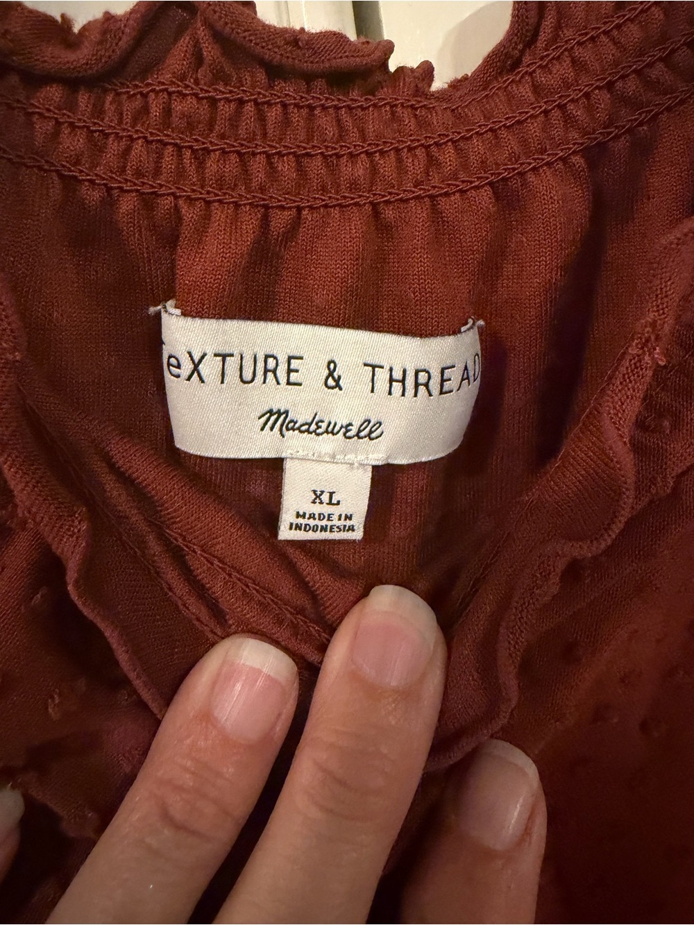 Madewell Rust Red Smocked-Neck Textured Blouse